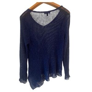 Eileen Fisher Crochet Sweater Sz L BLUE Knit Asymmetrical Linen Blend Lagenlook